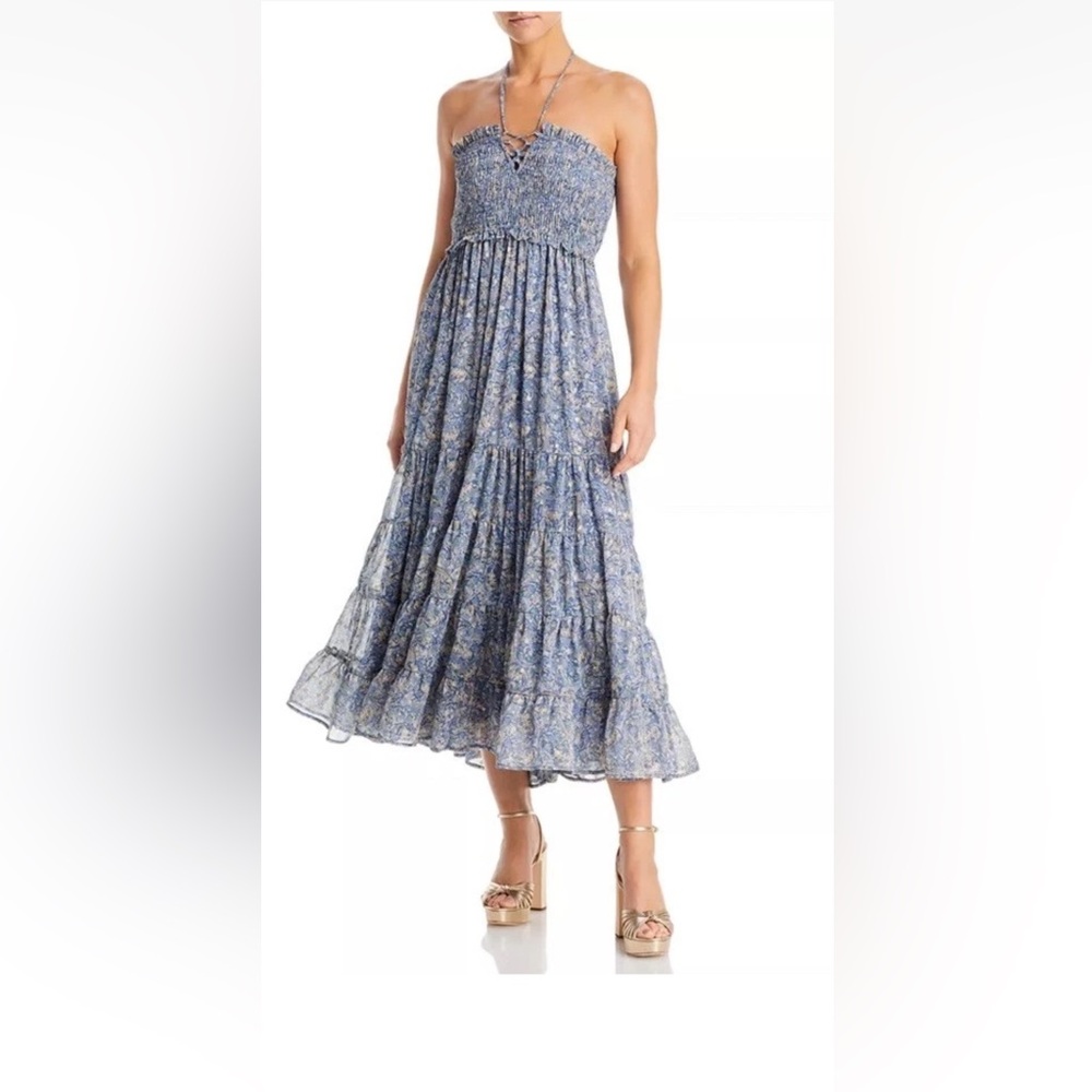 BLOOMINGDALES Aqua Women's Size M/L Midi Dress Halter Tie Smocked